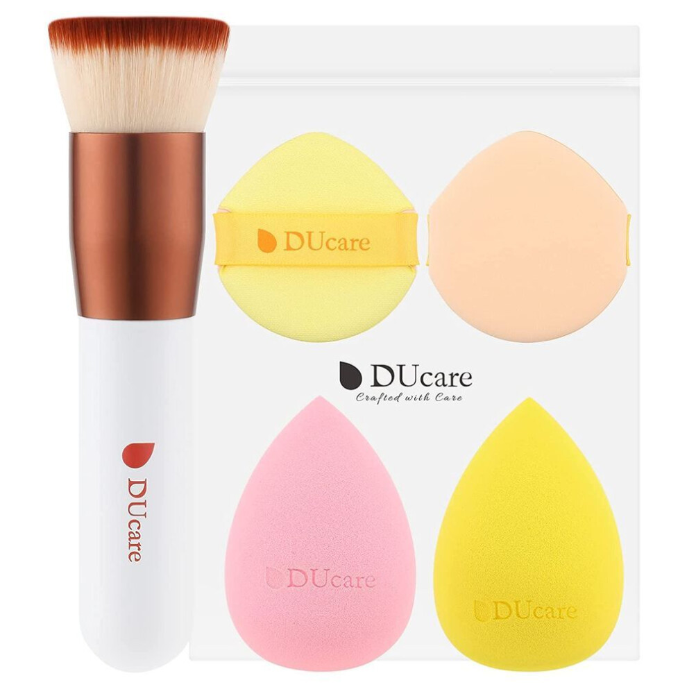 (white) Ducare Foundation Brush With 4pcs Makeup Sponges Set Flat Top Kabuki Brush Liquid Blending Mineral Powder Beauty Makeup Blender