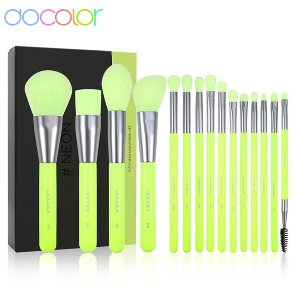 (green) Docolor 15PCS Makeup Brushes Set Eye Shadow Blending Eyeliner Eyebrow Make up Brushes Synthetic hair Eyeshadow Neon Brush