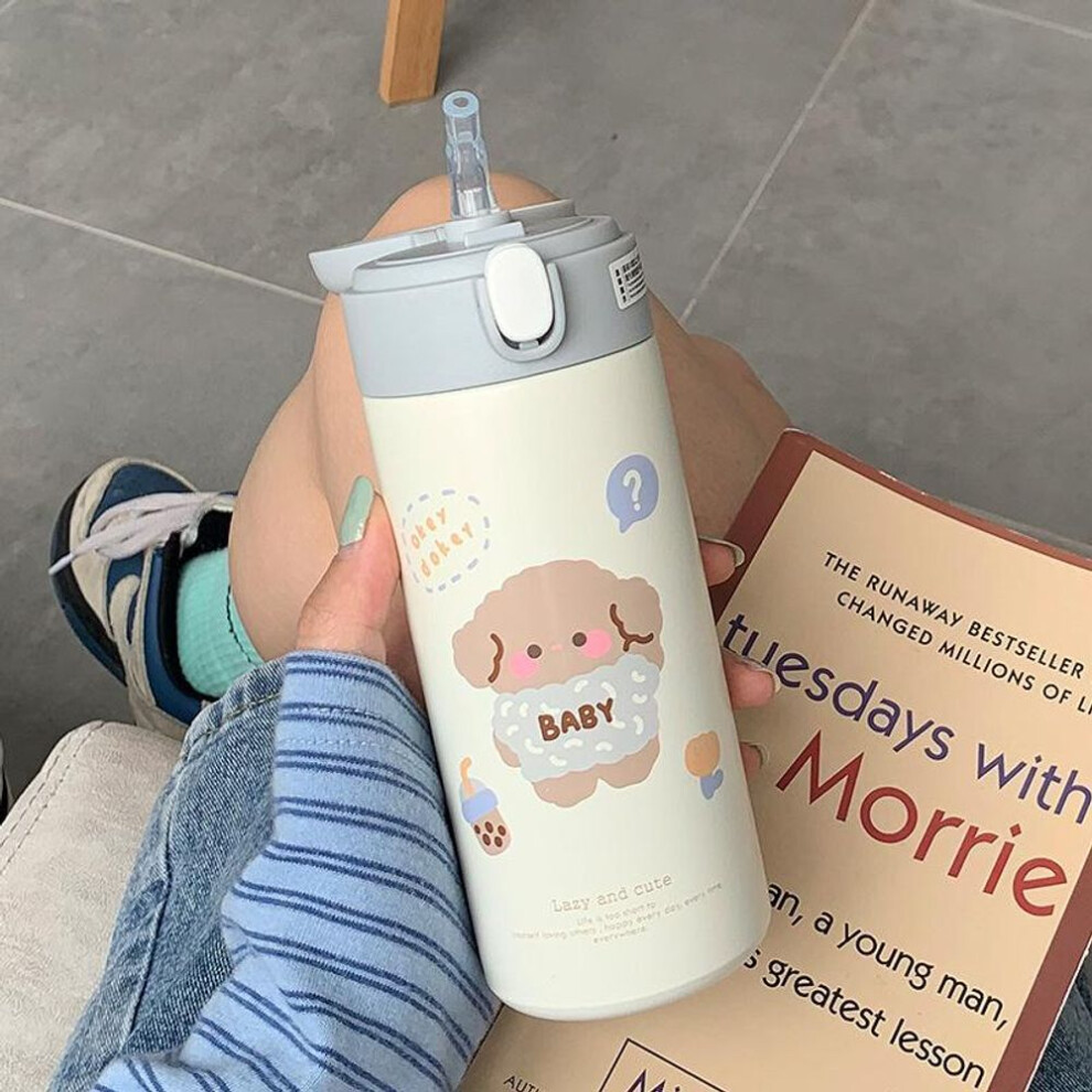 (white, 380ml) 380ml Stainless Steel Thermos Vacuum Flask Cute Cartoon Thermal Water Bottle For Girls Insulated Straw Cups Tumbler Drinkware