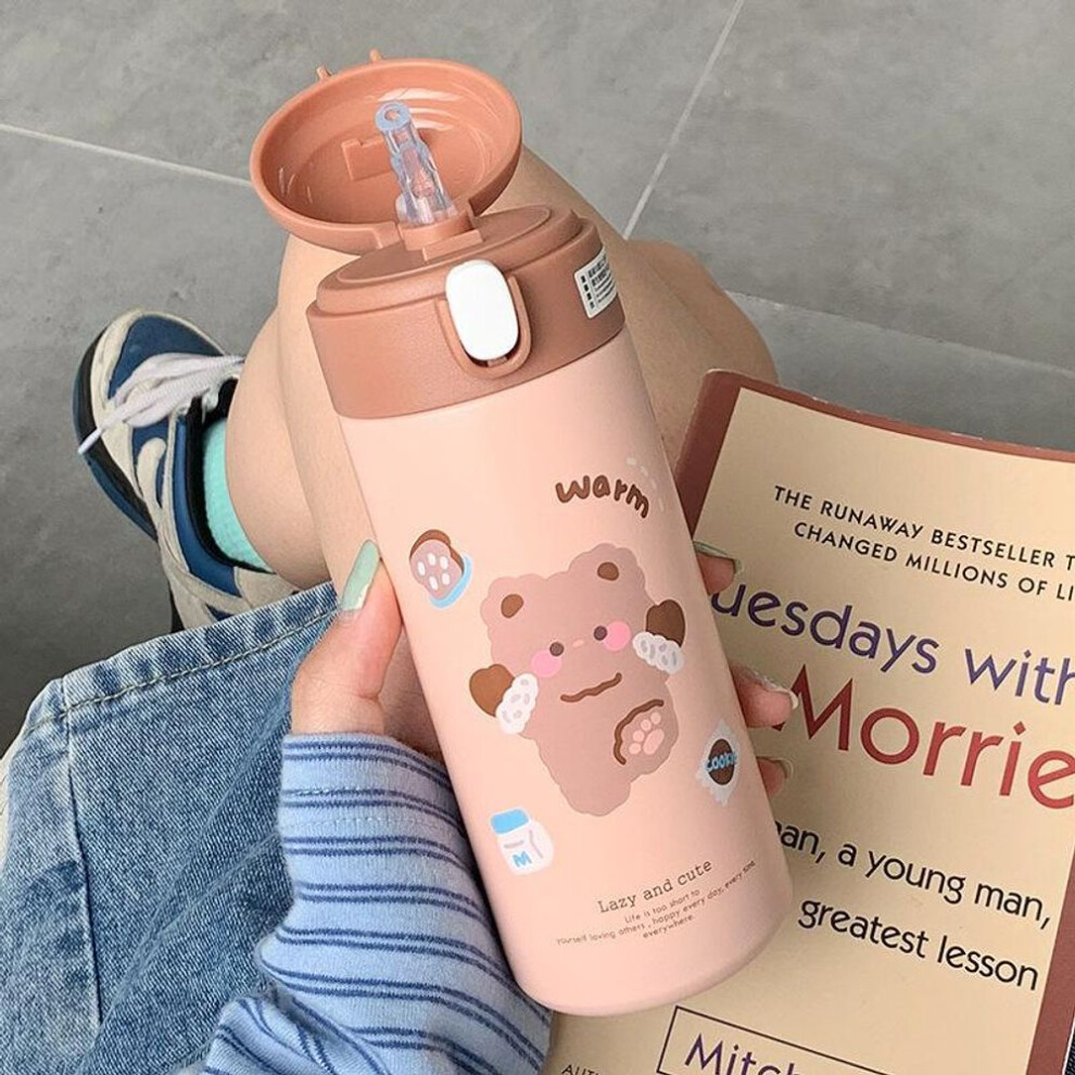 (brown, 380ml) 380ML Stainless Steel Thermos Vacuum Flask Cute Cartoon Thermal Water Bottle For Girls Insulated Straw Cups Tumbler Drinkware