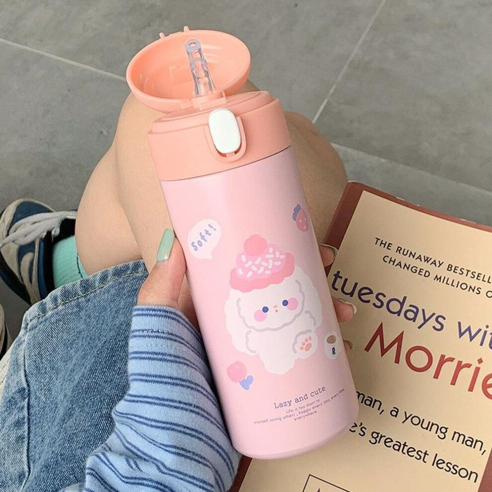 (pink, 380ml) 380ml Stainless Steel Thermos Vacuum Flask Cute Cartoon Thermal Water Bottle For Girls Insulated Straw Cups Tumbler Drinkware