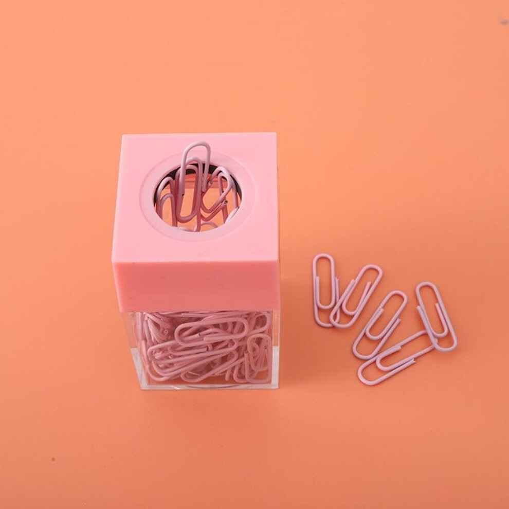 (pink) Transparent Paper Clip Storage Box Clips Dispenser Magnetic Absorption Box Paperclip Holder Stationery Portable Office Supplies