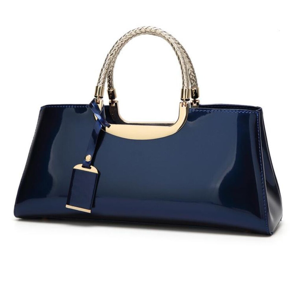 (blue) Faux Patent Leather Handbag For Women Top Handle Evening Bags Satchel Ladies Shoulder Bag Long Purse Wedding Party Prom Tote Evening Handbag