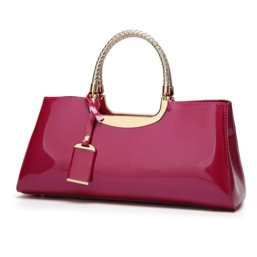 (rose red) Faux Patent Leather Handbag For Women Top Handle Evening Bags Satchel Ladies Shoulder Bag Long Purse Wedding Party Prom Tote Evening Handbag