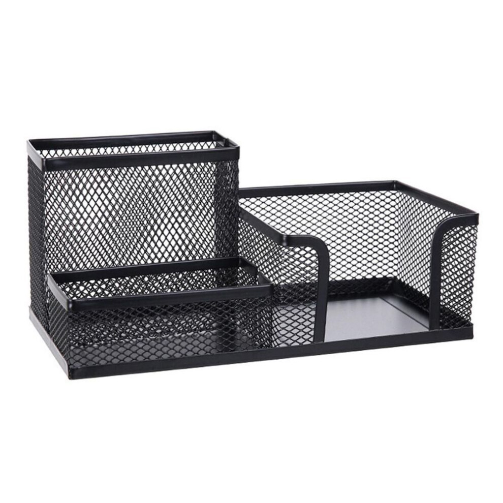 (black) 3 Grid Iron Desktop Pen Holder Storage Box Mesh Organizer Home Stationery Case