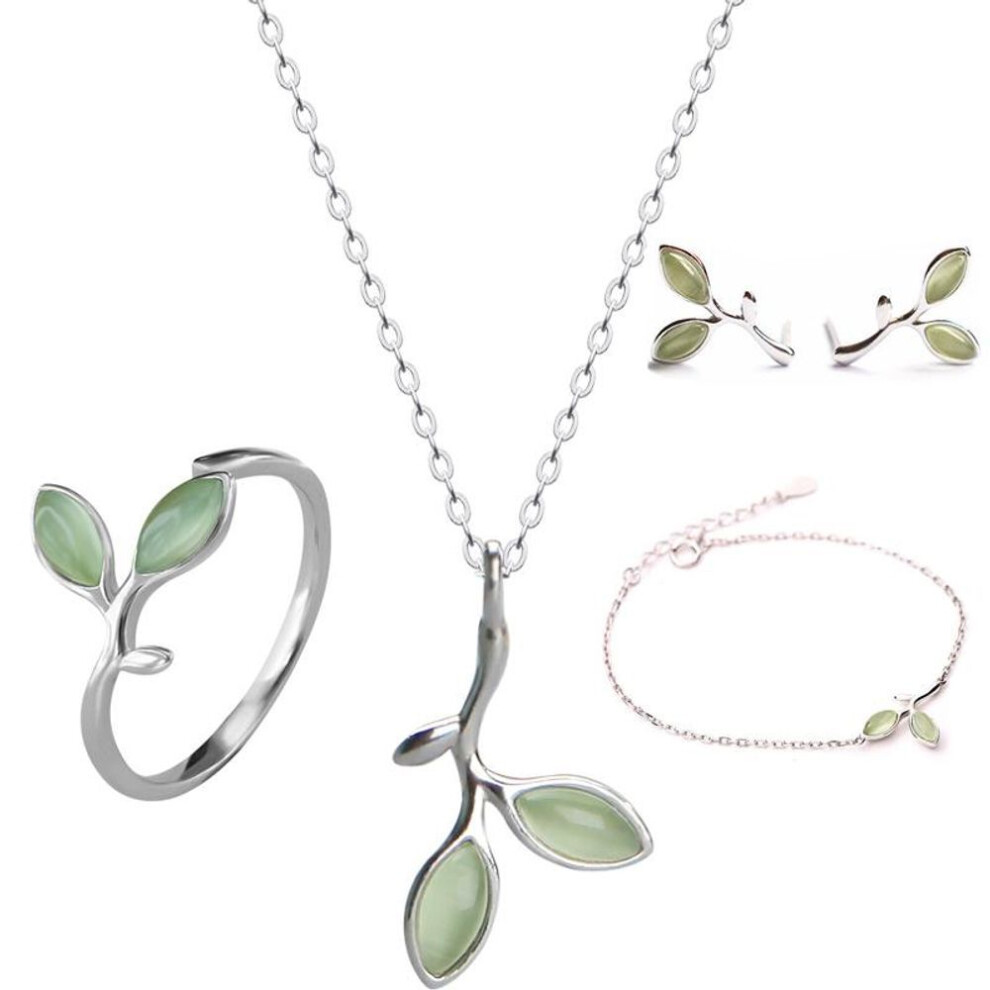 (45cm) Reeti Boho Fashion Opal Jewelry Sets 925 Sterling Silver Green Leaves Necklaces Charm Bracelet Ring For Women Statement Jewelry