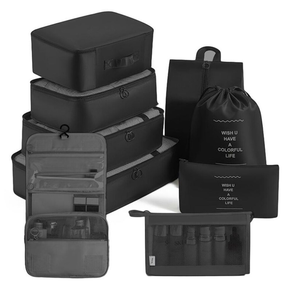 (black, One Size) 9 Pcs/set Travel Luggage Packing Cubes Organizer Portable Clothes Underwear Essentials Storage Bag