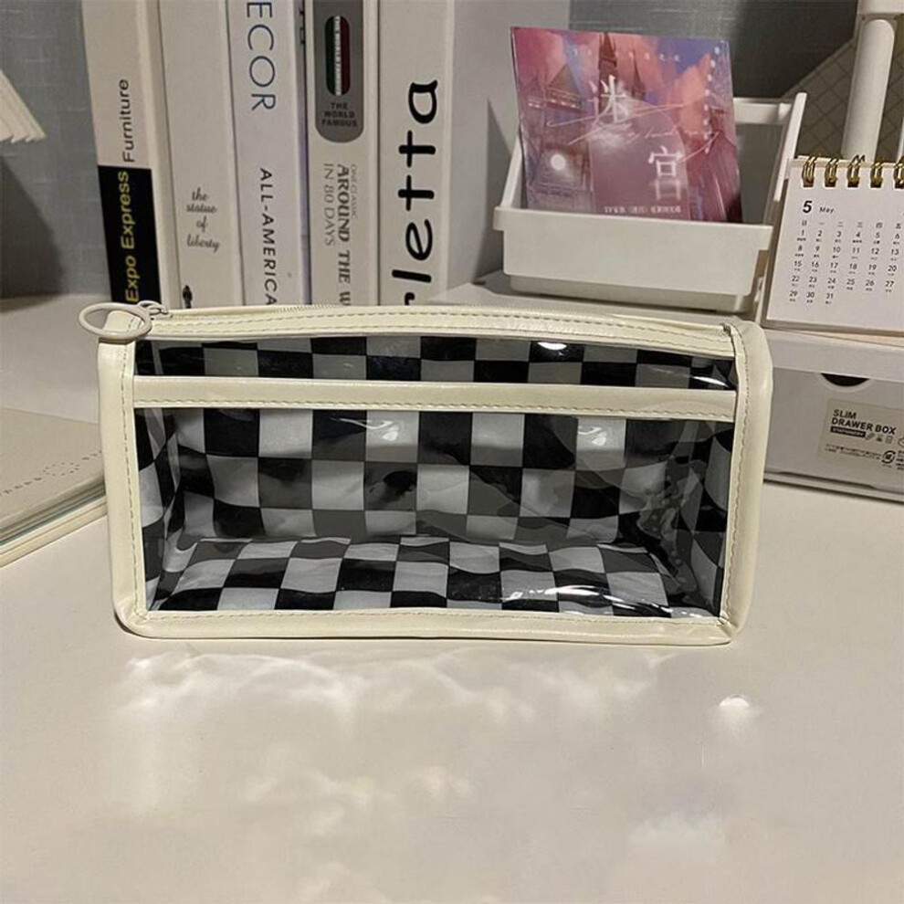 (black) Portable Waterproof Large Capacity Double Layer Pencil Case Simple Transparent Checkerboard Pencil Bag Student Stationery
