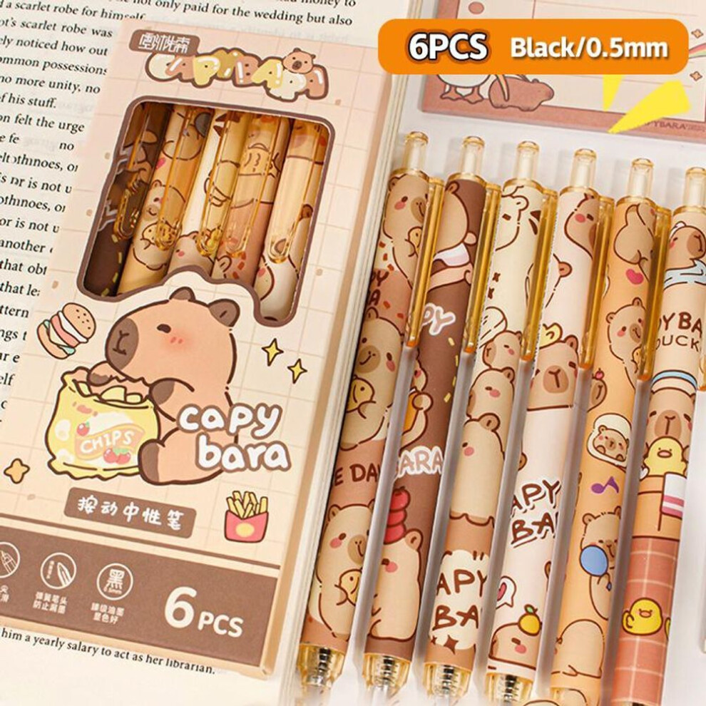(1) 6pcs Kawaii Cute Capybara Gel Pen Set Cartoon Quickly-drying Pressing Neutral Pens Aesthetic Stationery School Office Supplies
