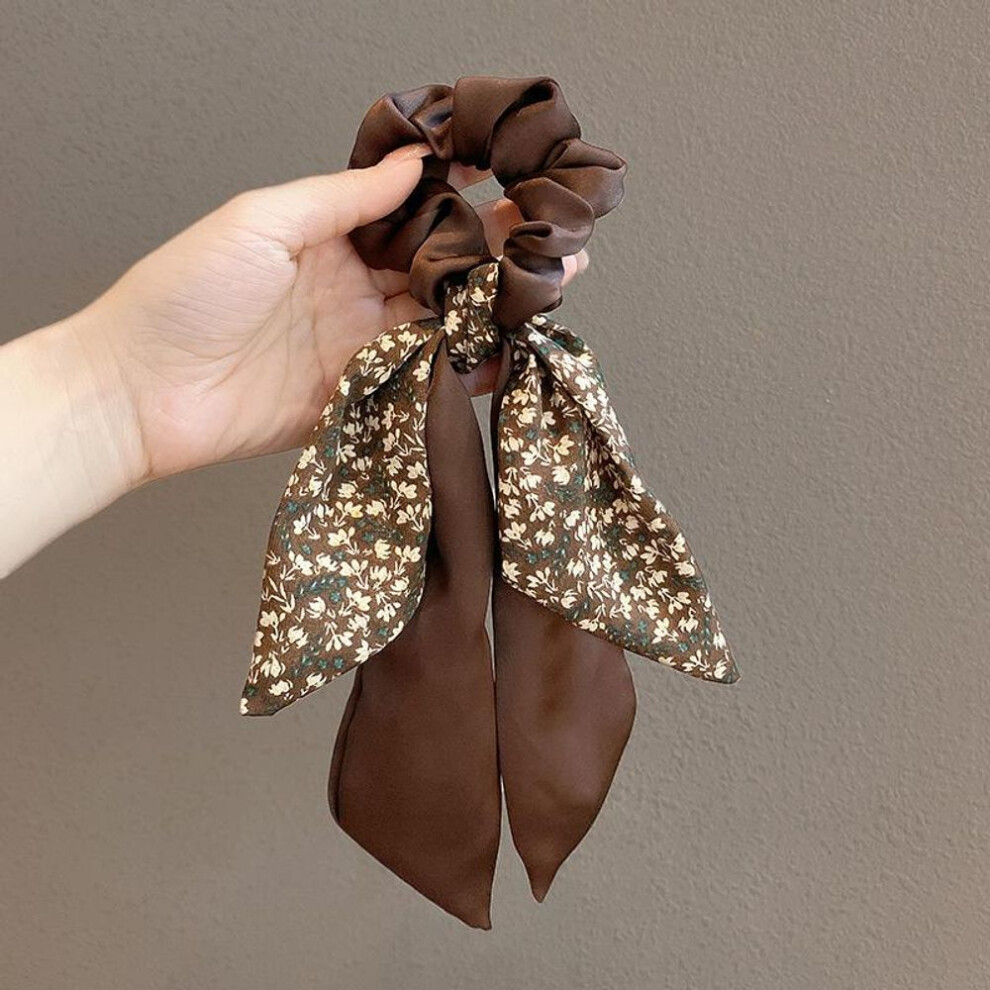 (brown) Ponytail Ribbon Bow Women Scrunchies Knotted Bowknot Hair Ties Floral Print Sweet Elastic Hairband Hairs Accessories