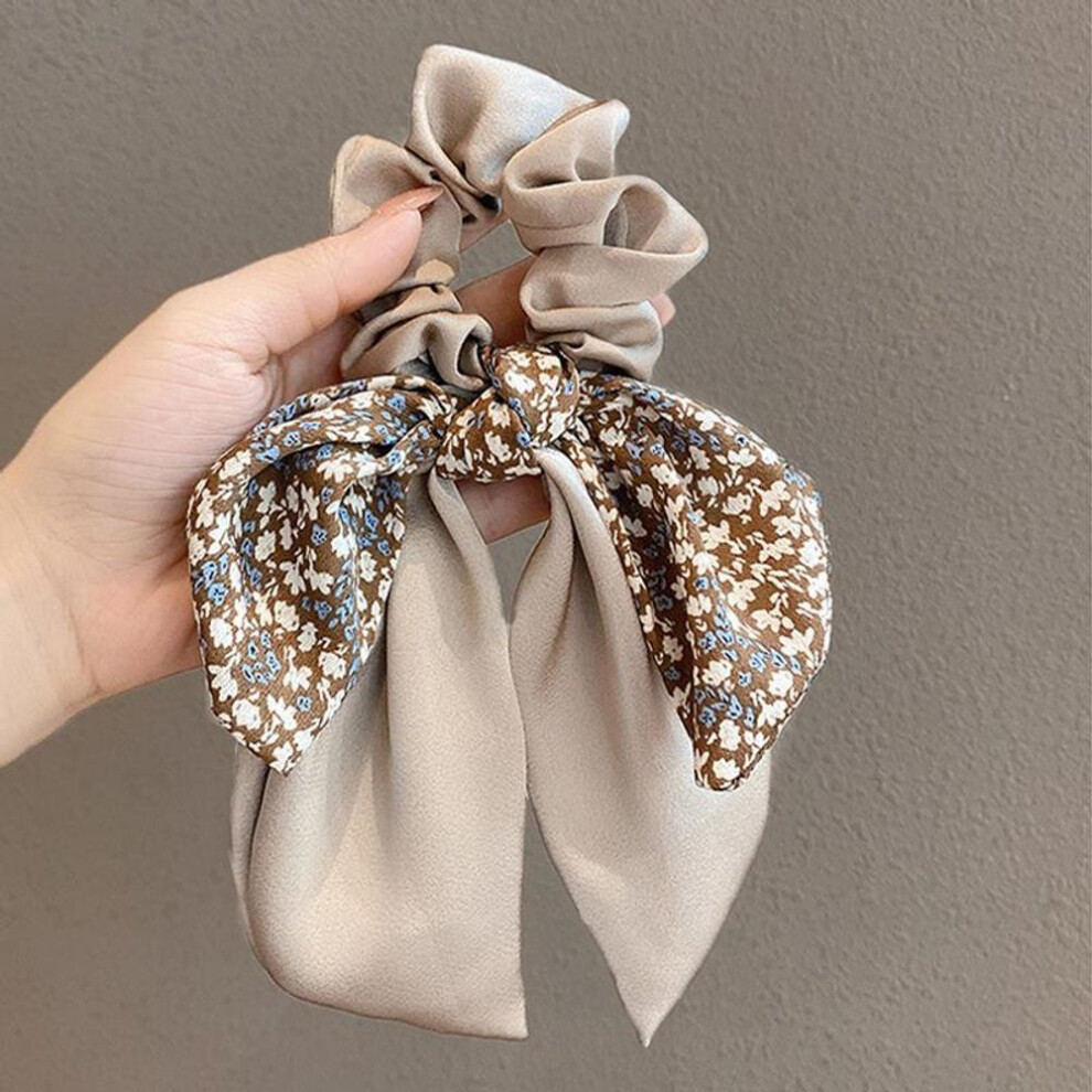 (white) Ponytail Ribbon Bow Women Scrunchies Knotted Bowknot Hair Ties Floral Print Sweet Elastic Hairband Hairs Accessories