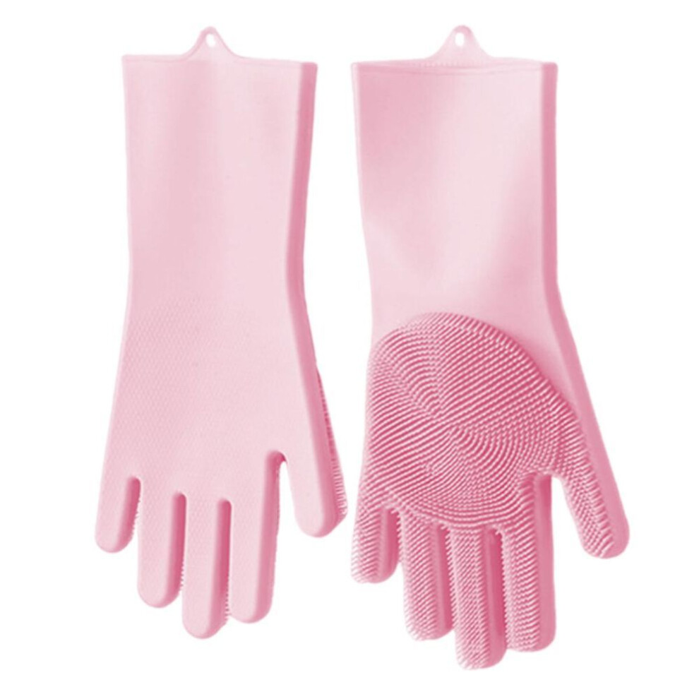 (pink) Yousheng 1 Pair Cleaning Gloves Anti-scalding Reusable Silicone Dishwashing Gloves With Fine Bristles For Home Kitchen
