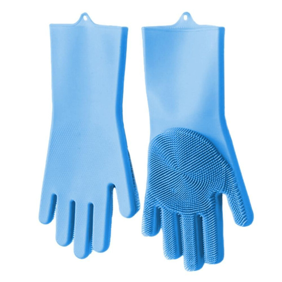 (blue) Yousheng 1 Pair Cleaning Gloves Anti-scalding Reusable Silicone Dishwashing Gloves With Fine Bristles For Home Kitchen