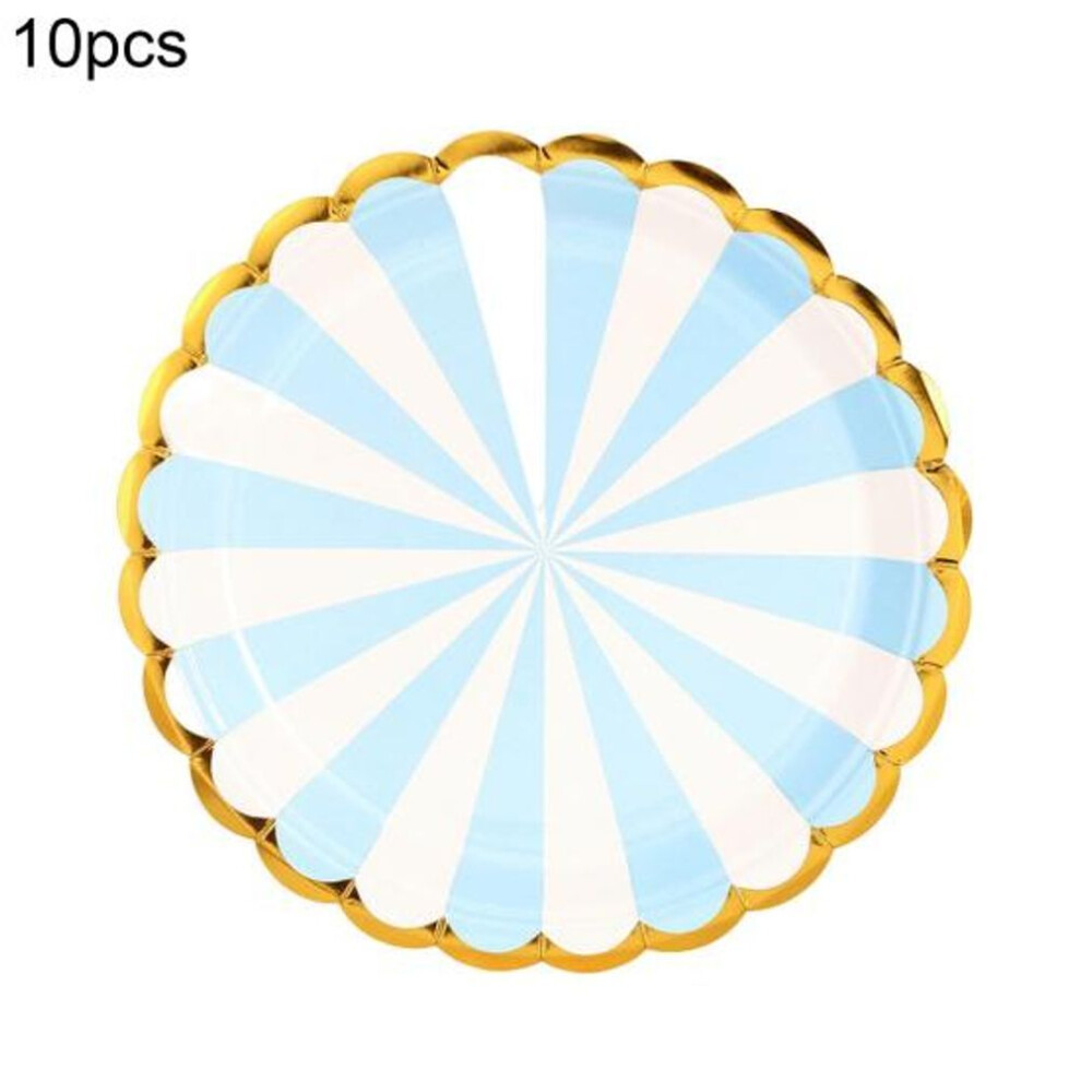 (blue, 7inch) Yousheng 10pcs 7/9 Inch Paper Plates Disposable Safe Anti-skid Thick Gilding Stripe Paper Dishes Favors Supplies For Birthday