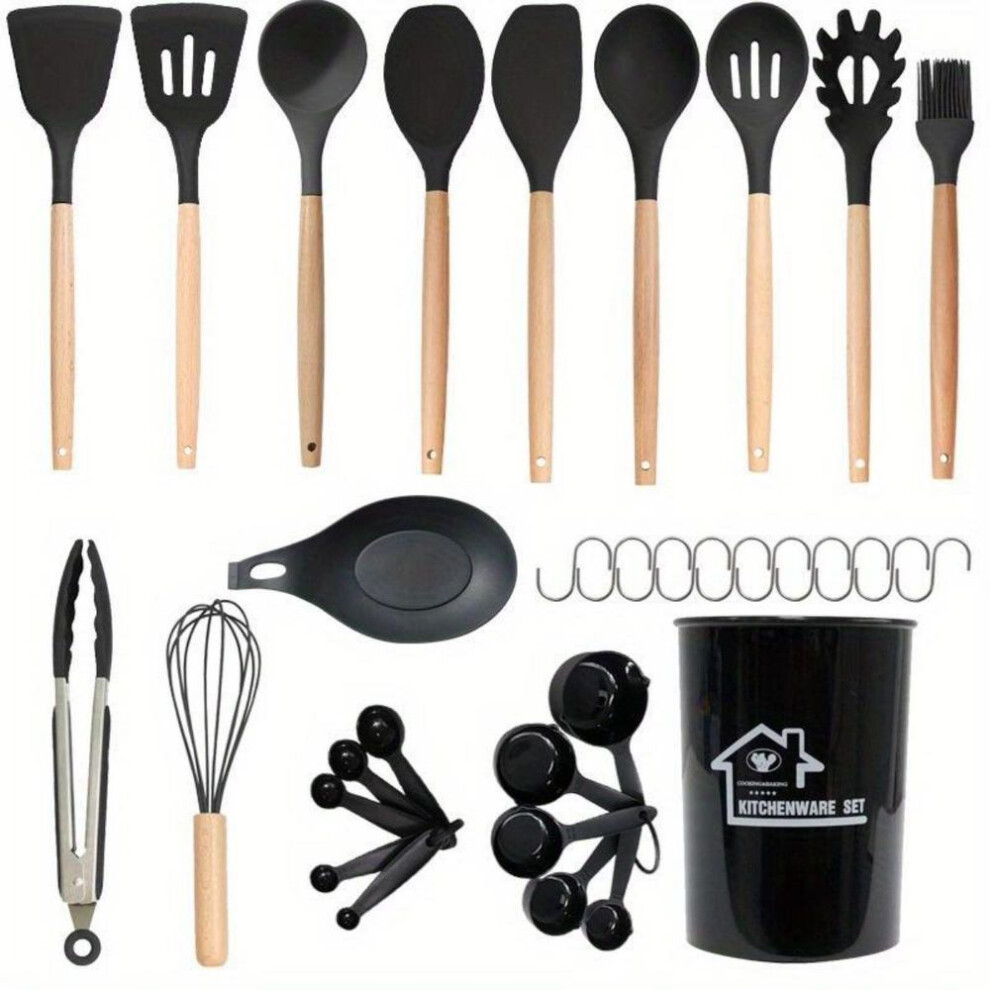 (black) 33Piece Set of Wooden Handle Silicone Kitchenware with Storage Bucket Heat-resistant All-around Kitchenware