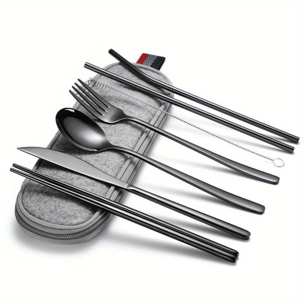(black) Folding Tableware 304 Stainless Steel Korean Knife Fork Spoon Chopsticks Straw Portable Tableware Set Travel Chopsticks