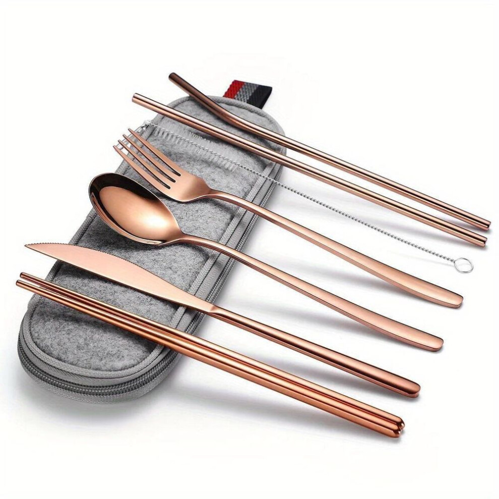 (rose gold) Folding Tableware 304 Stainless Steel Korean Knife Fork Spoon Chopsticks Straw Portable Tableware Set Travel Chopsticks