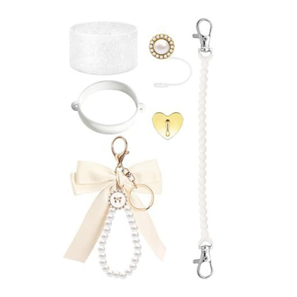(white) 6pcs Cup Accessories For Tumbler 30/40 Oz Bow Faux Pearl Keychain Pendant Silicone Straw Lids Water Bottle Handle Cup Boot Fashionable Practical Kit