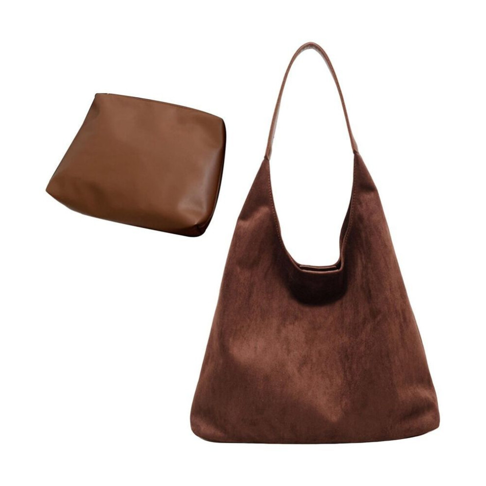 (coffee) 2 Pcs/set Women Shoulder Bag With Cosmetic Bag Retro Solid Color Magnetic Buckle Closure Large Capacity Faux Suede Tote Clutch Work Travel Sling Bag