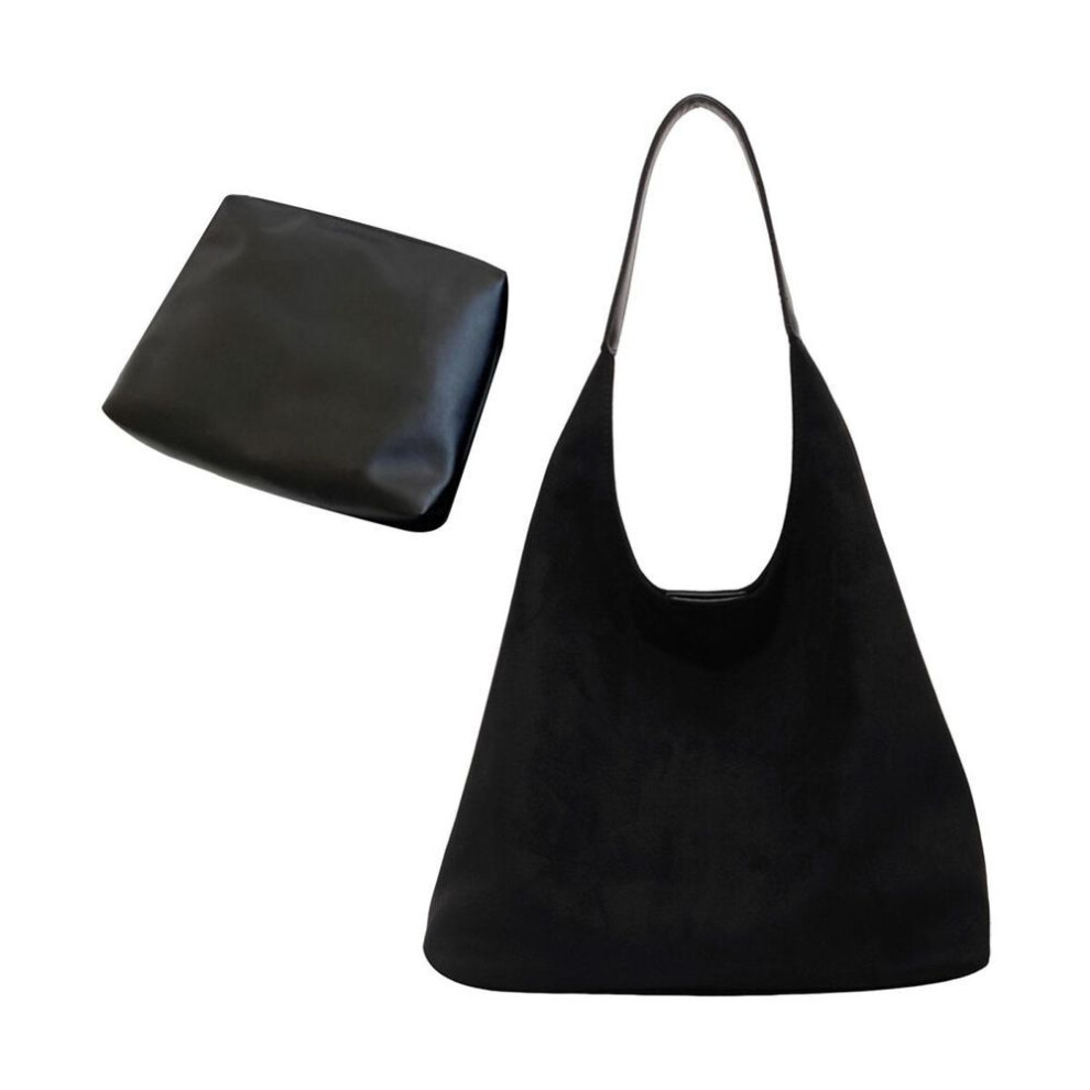 (black) 2 Pcs/set Women Shoulder Bag With Cosmetic Bag Retro Solid Color Magnetic Buckle Closure Large Capacity Faux Suede Tote Clutch Work Travel Sling Bag