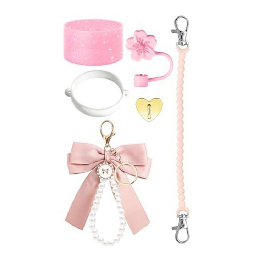 (pink) 6pcs Cup Accessories For Tumbler 30/40 Oz Bow Faux Pearl Keychain Pendant Silicone Straw Lids Water Bottle Handle Cup Boot Fashionable Practical Kit