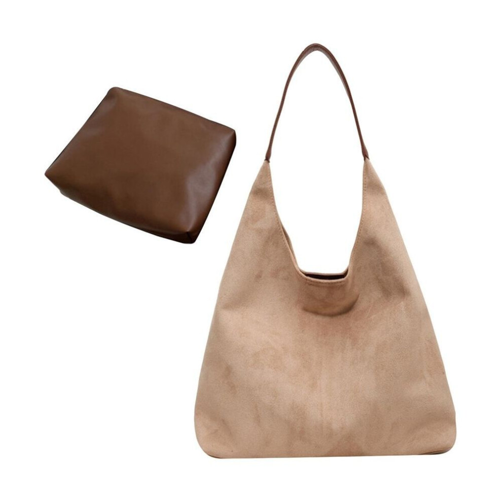 (beige) 2 Pcs/set Women Shoulder Bag With Cosmetic Bag Retro Solid Color Magnetic Buckle Closure Large Capacity Faux Suede Tote Clutch Work Travel Sling Bag