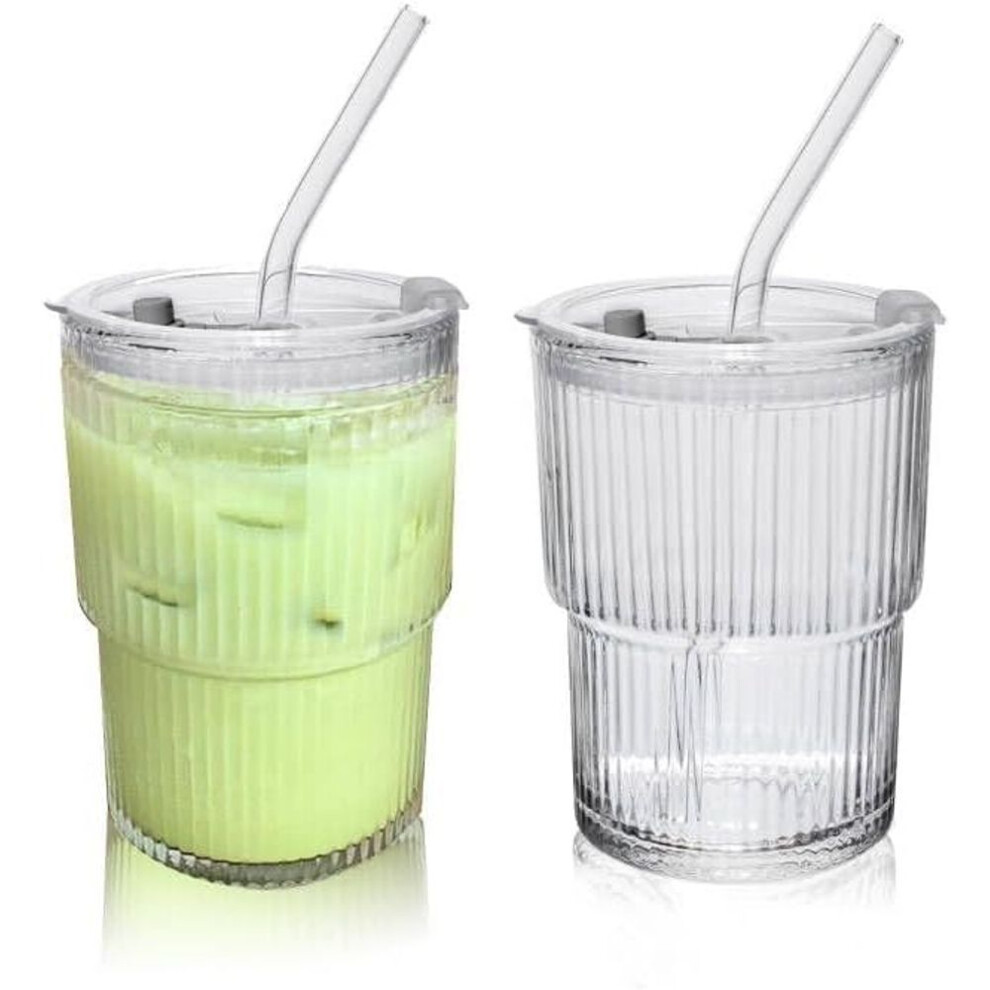 (2pcs) 1/2 Pcs Glass Coffee Cups With Lids And Straw Drinking Water Cup Glass Cups With Lid