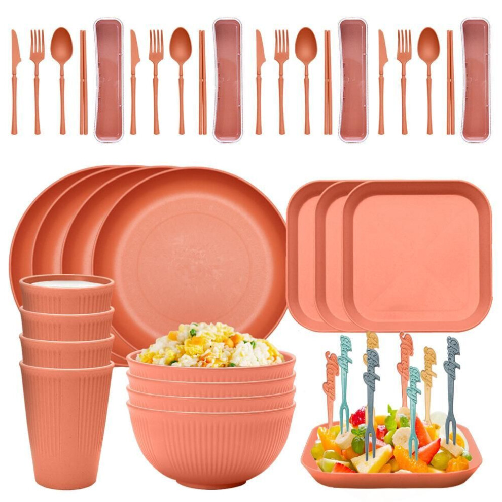 (orange) 32pcs Plate Sets Wheat Straw Ramen Bowl Tableware Dishes Full Tableware Of Plates Dinner Dishes Set Camping Tableware Dishes Set
