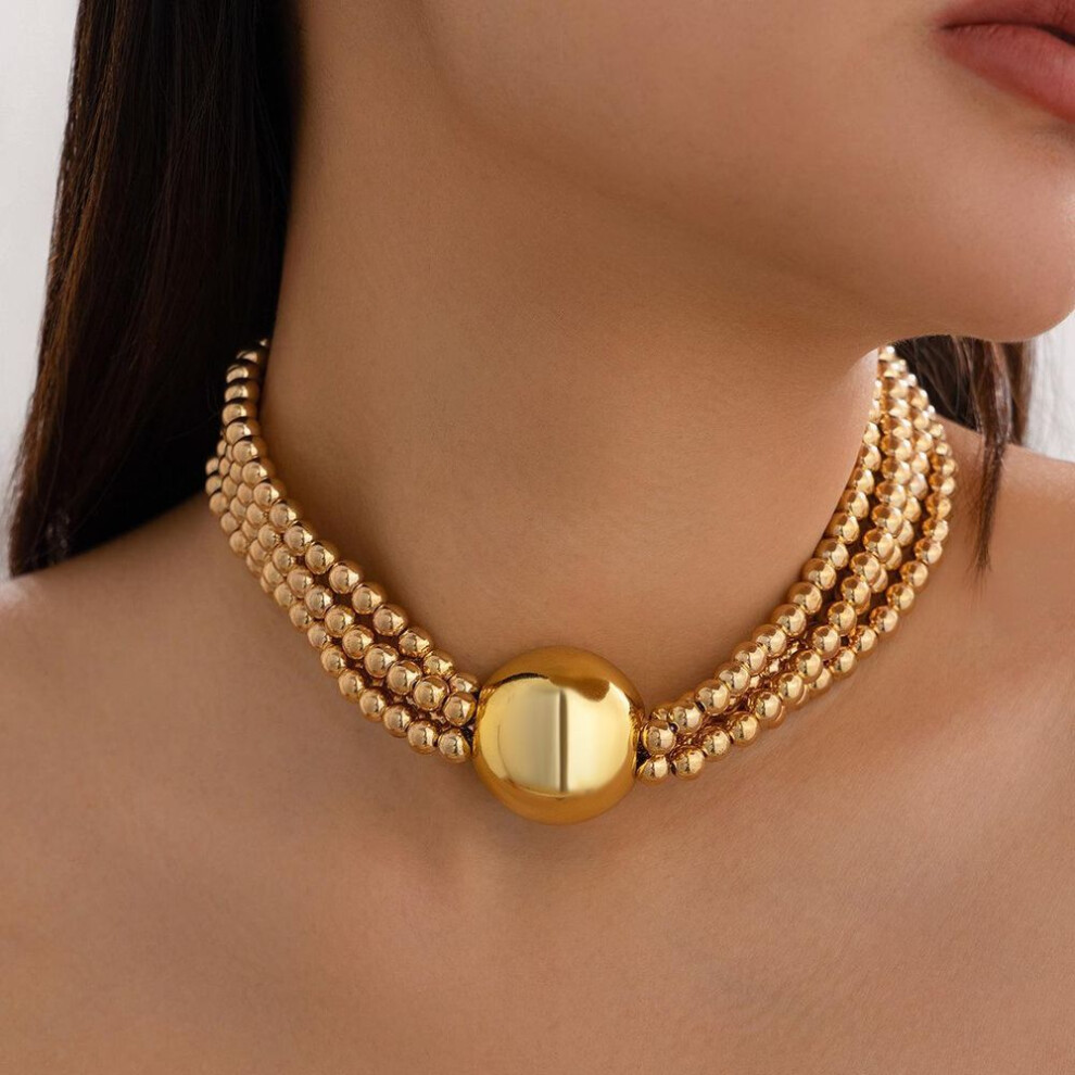 (gold, 6490) "exaggerated Round Bead Pendant Clavicle Necklace - Multi-layer Pearl Design For Women's Hip-hop Jewelry Trends