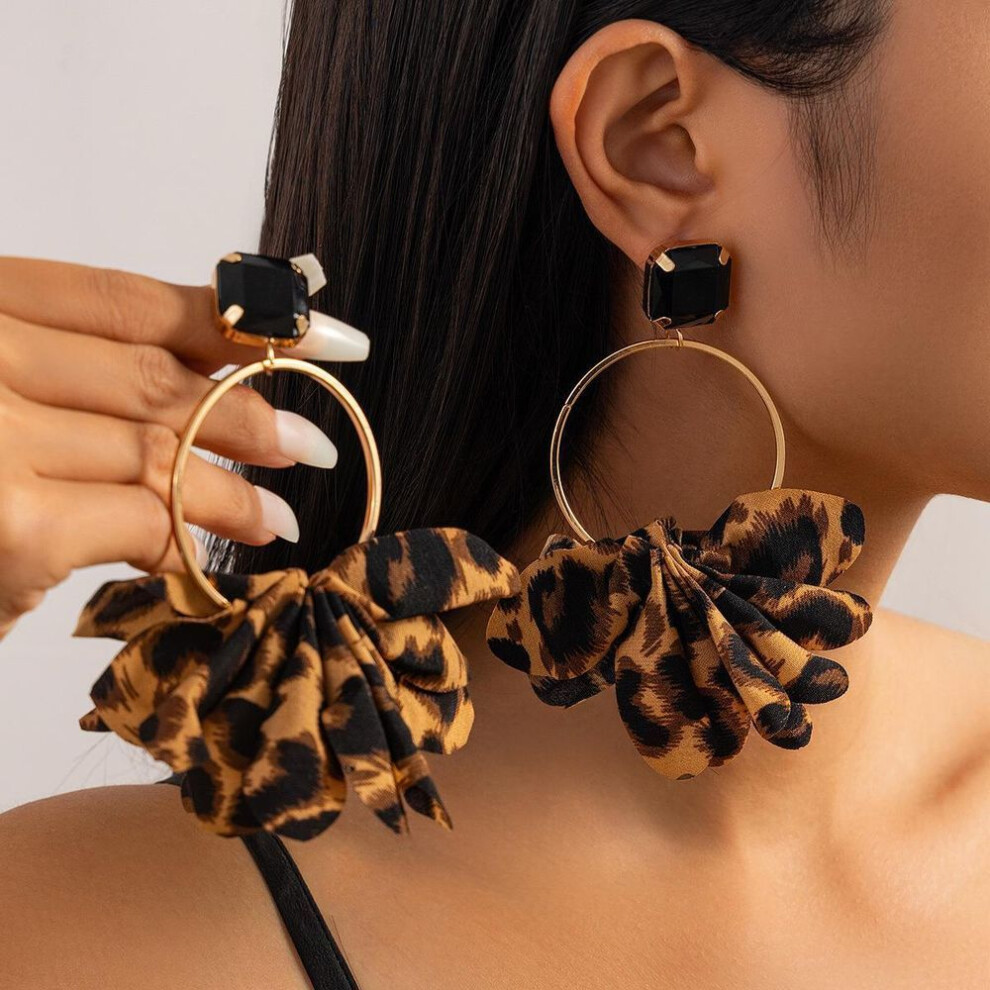 (gold,leopard print, Pair) "leopard Print Fabric Large Hoop Earrings With A Modern Metal Touch - Handmade, European And American Style