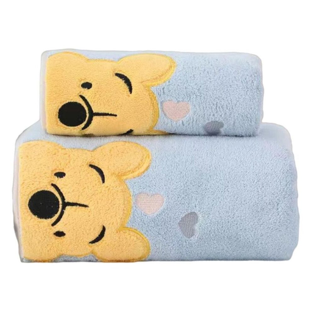 (lake blue) 2pcs/set Kids Coral Fleece Towel Cartoon Bear Thickened Soft Water Absorbent Fast Drying Rectangle Face Shower Bath Towel Washcloth Kit