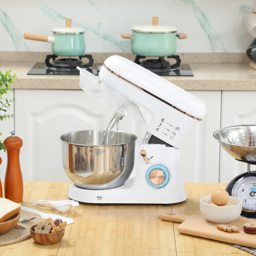 HOMCOM 1400W Electric Stand Mixer, 5L White, Tilt-Head, 6 Speeds + Pulse, Includes Whisk, Dough Hook & Beater - 800-251V70WT