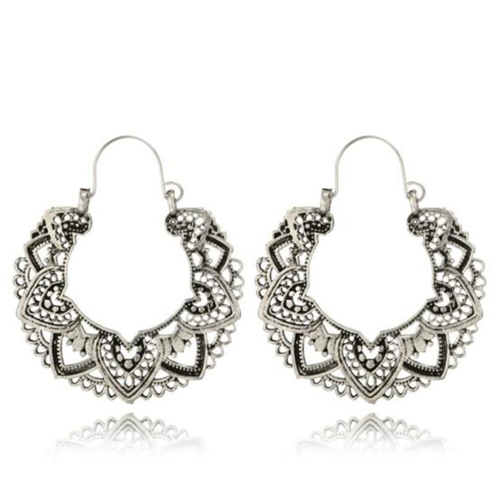 (silver) Vintage Women Hollow Out Geometric Heart Petal Hoop Earrings Party Jewelry Gift