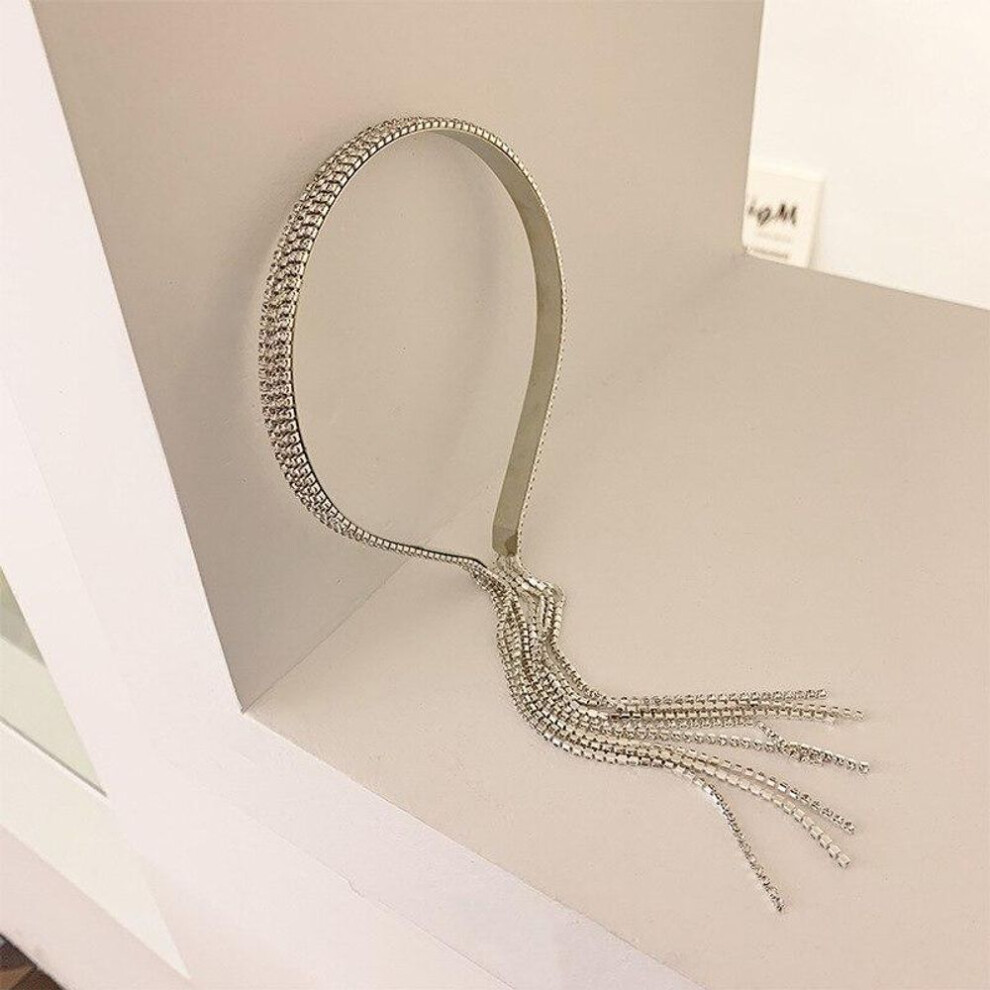 (Style D) Korean Trend Full Rhinestone Long Tassel Head Band For Women Hair Accessories Metal Silver Crystal Headband Luxury Wedding Jewelry