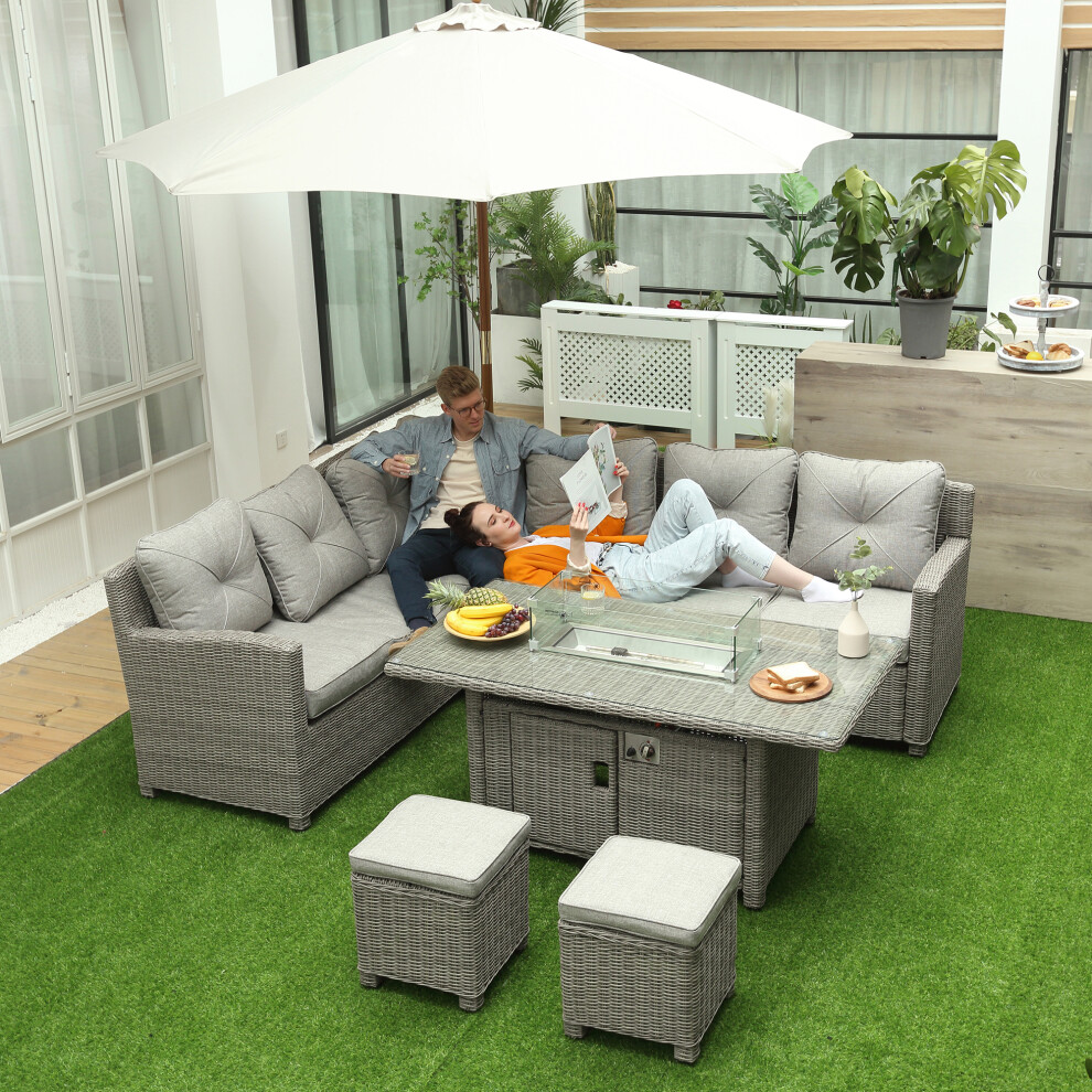 Outsunny 5 Pcs Outdoor Pe Rattan L-Shape Sofa Footstool Fire Pit Table Set