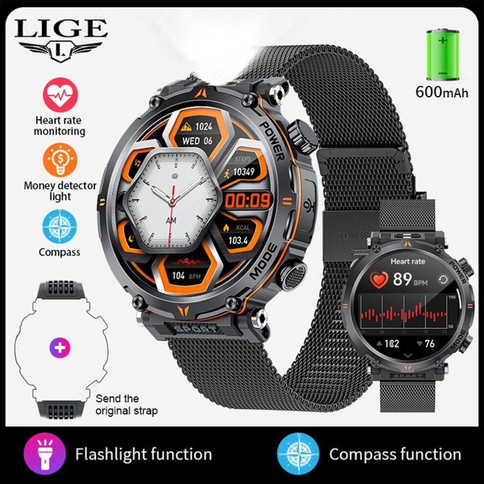 (black, mesh belt) LIGE New Men Smart Watch LED Flashlight Money Detector Light Compass Military Sport Watches 600mah Battery Bluetooth Call Waterproof Smartwatch