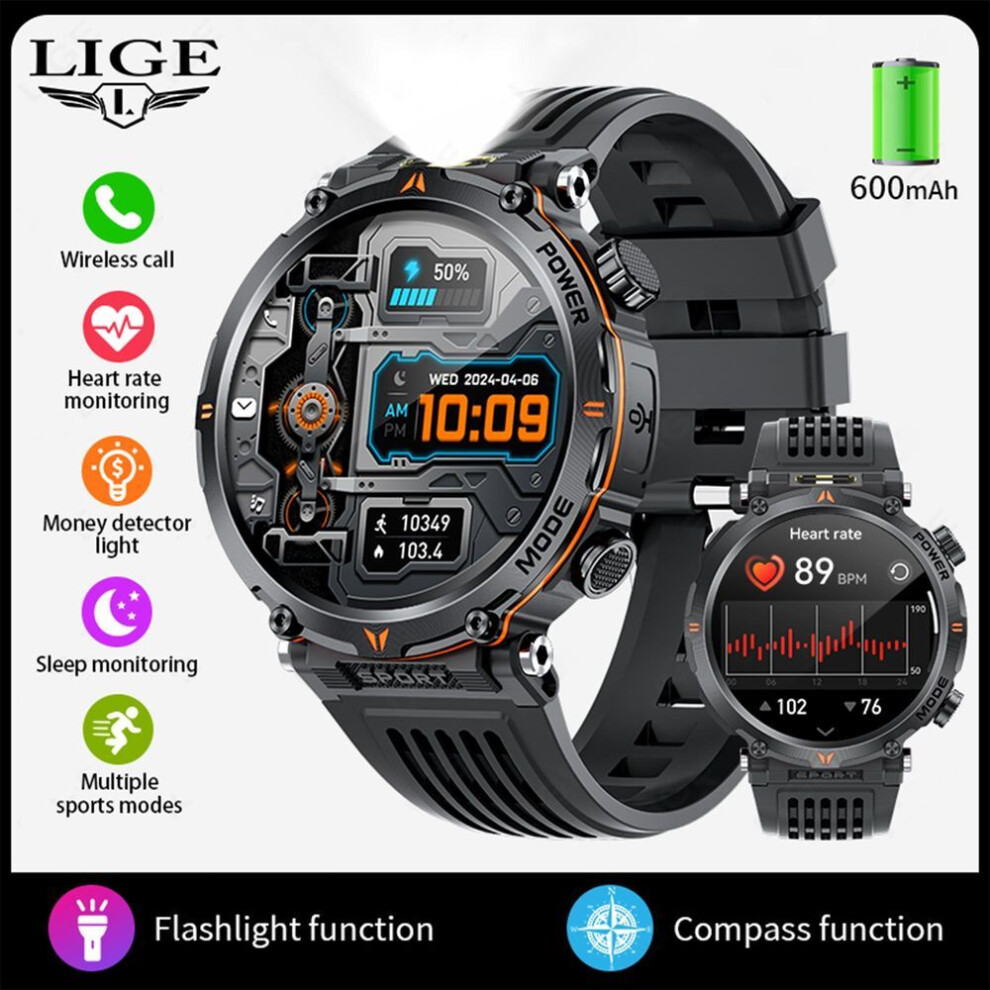 (black, silicone  strap) LIGE New Men Smart Watch LED Flashlight Money Detector Light Compass Military Sport Watches 600mah Battery Bluetooth Call Waterproof Smartwatch