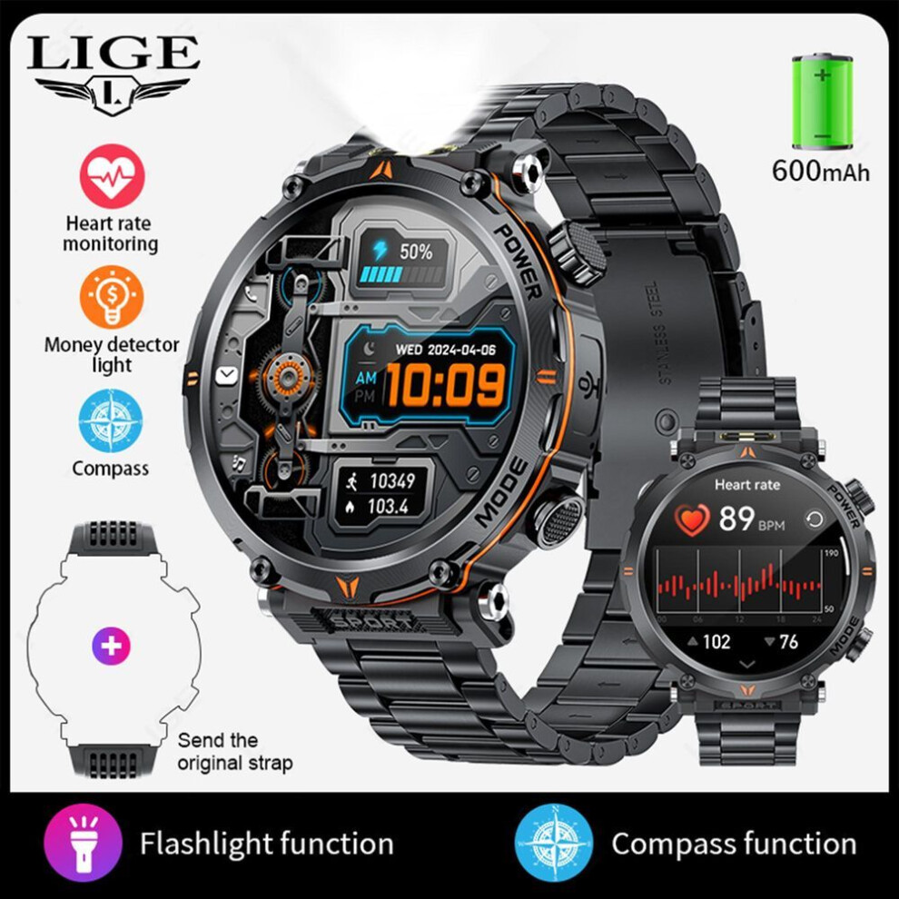 (black, steel strap) LIGE New Men Smart Watch LED Flashlight Money Detector Light Compass Military Sport Watches 600mah Battery Bluetooth Call Waterproof Smartwatch