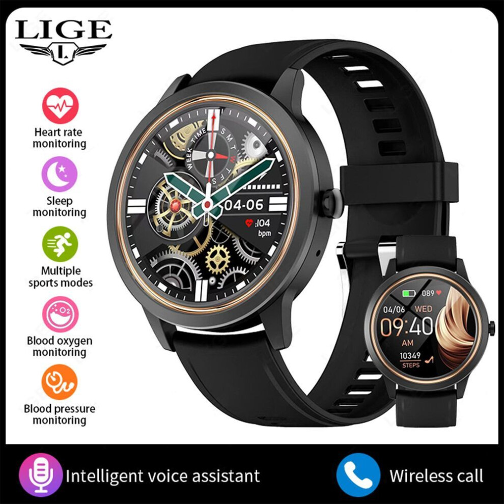 (black, silicone strap) Lige New Smart Watch Bluetooth Call Sports Fitness Heart Rate Health Women Smartwatch For Android Ios