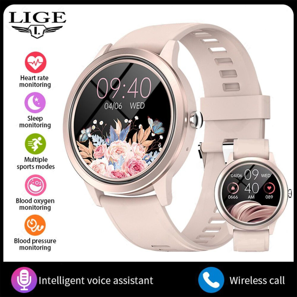 (pink, silicone strap) Lige New Smart Watch Bluetooth Call Sports Fitness Heart Rate Health Women Smartwatch For Android Ios