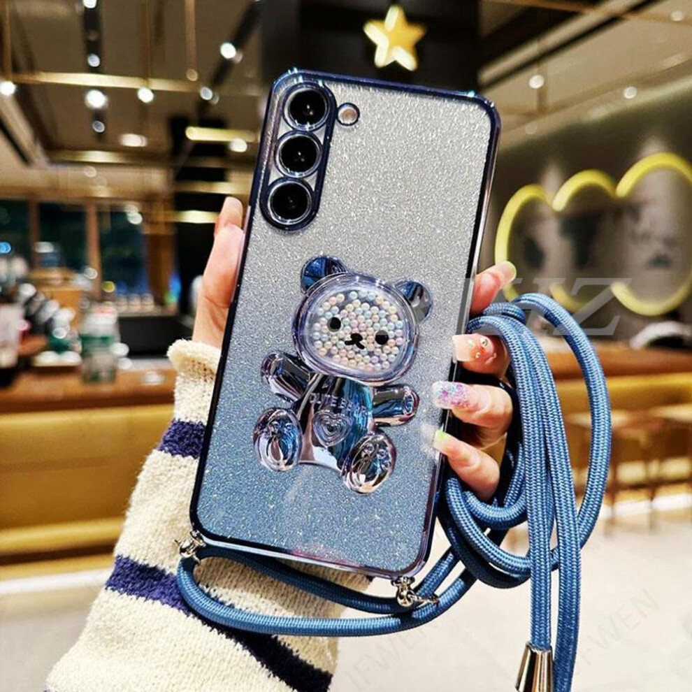 (blue, Galaxy A24 4G) A 54 13 14 34 52 Bear Holder Lanyard Glitter Phone Case For Samsung Galaxy A14 A34 A54 A23 A12 A13 A52 A33 A53 Strap Stand Cover