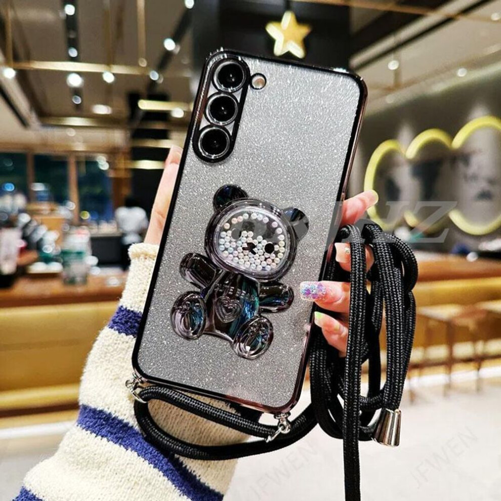 (black, Galaxy A52S 5G) A 54 13 14 34 52 Bear Holder Lanyard Glitter Phone Case For Samsung Galaxy A14 A34 A54 A23 A12 A13 A52 A33 A53 Strap Stand Cover