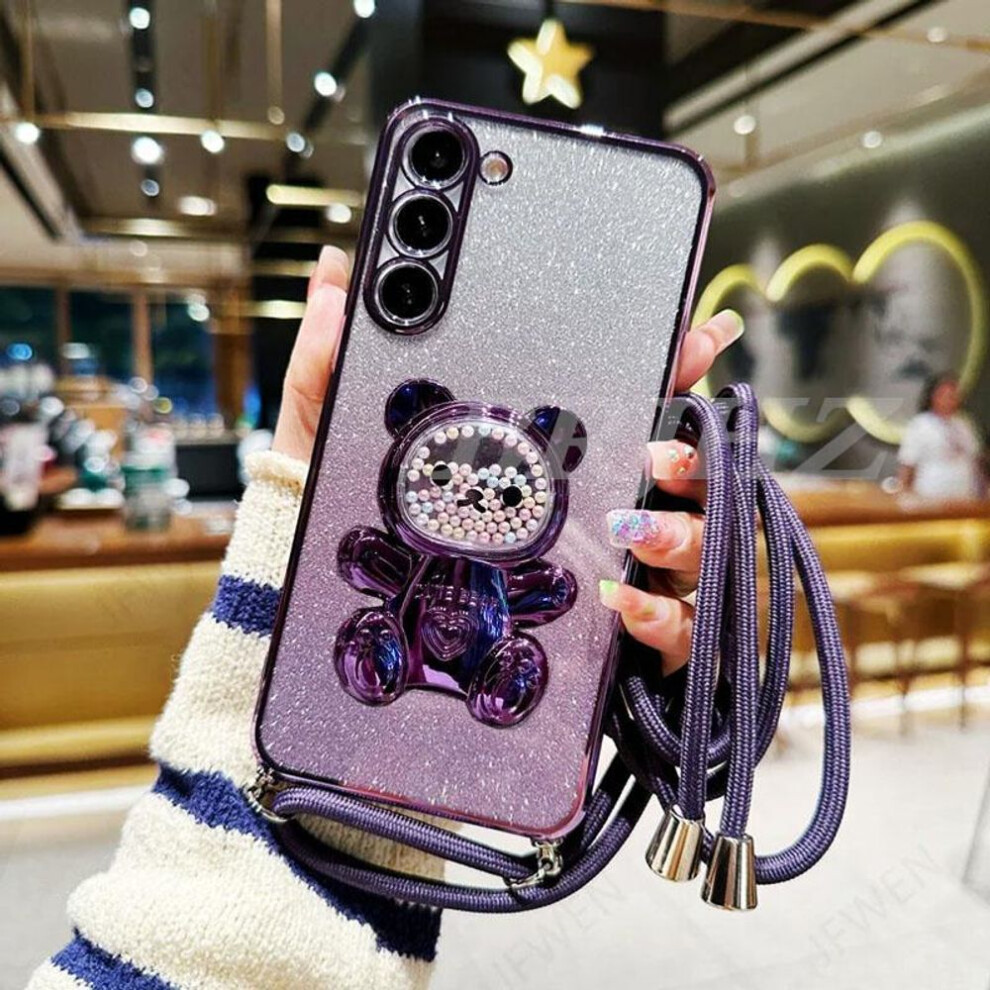 (purple, Galaxy A13 4G) A 54 13 14 34 52 Bear Holder Lanyard Glitter Phone Case For Samsung Galaxy A14 A34 A54 A23 A12 A13 A52 A33 A53 Strap Stand Cover