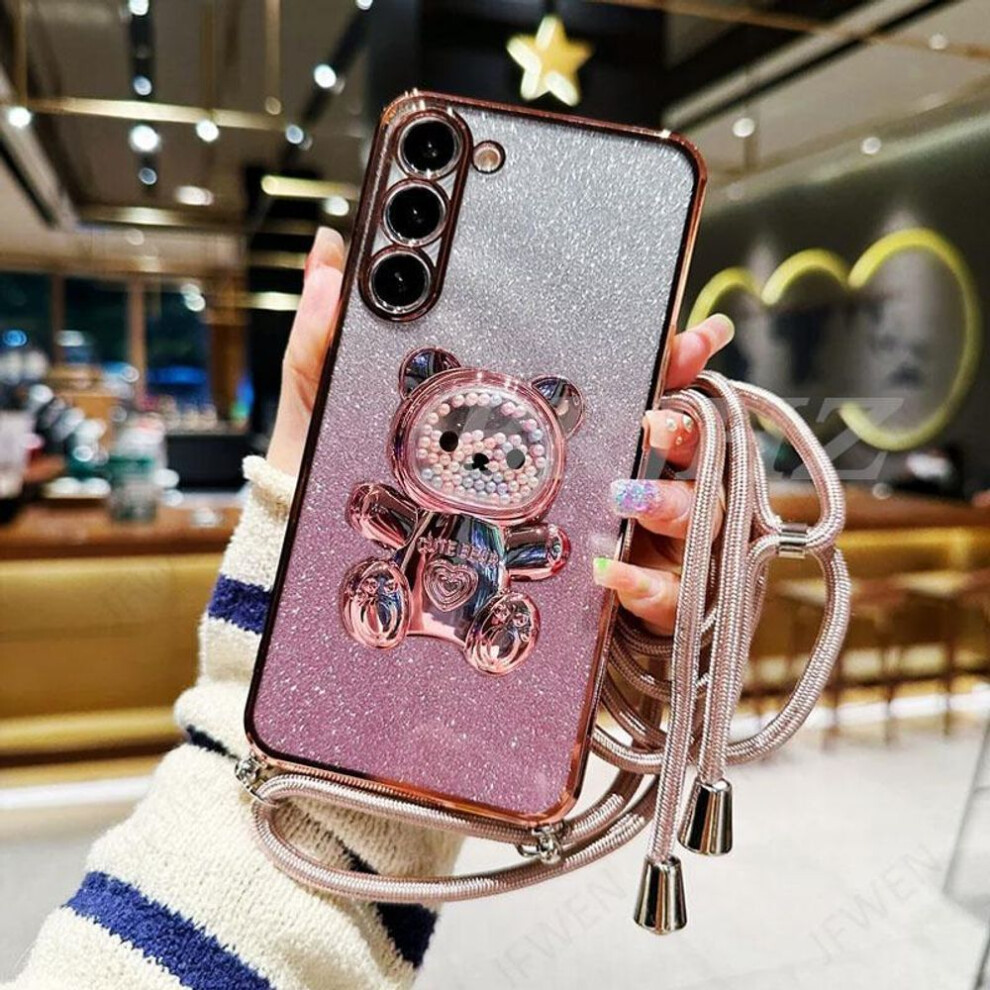 (pink, Galaxy A52S 5G) A 54 13 14 34 52 Bear Holder Lanyard Glitter Phone Case For Samsung Galaxy A14 A34 A54 A23 A12 A13 A52 A33 A53 Strap Stand Cover