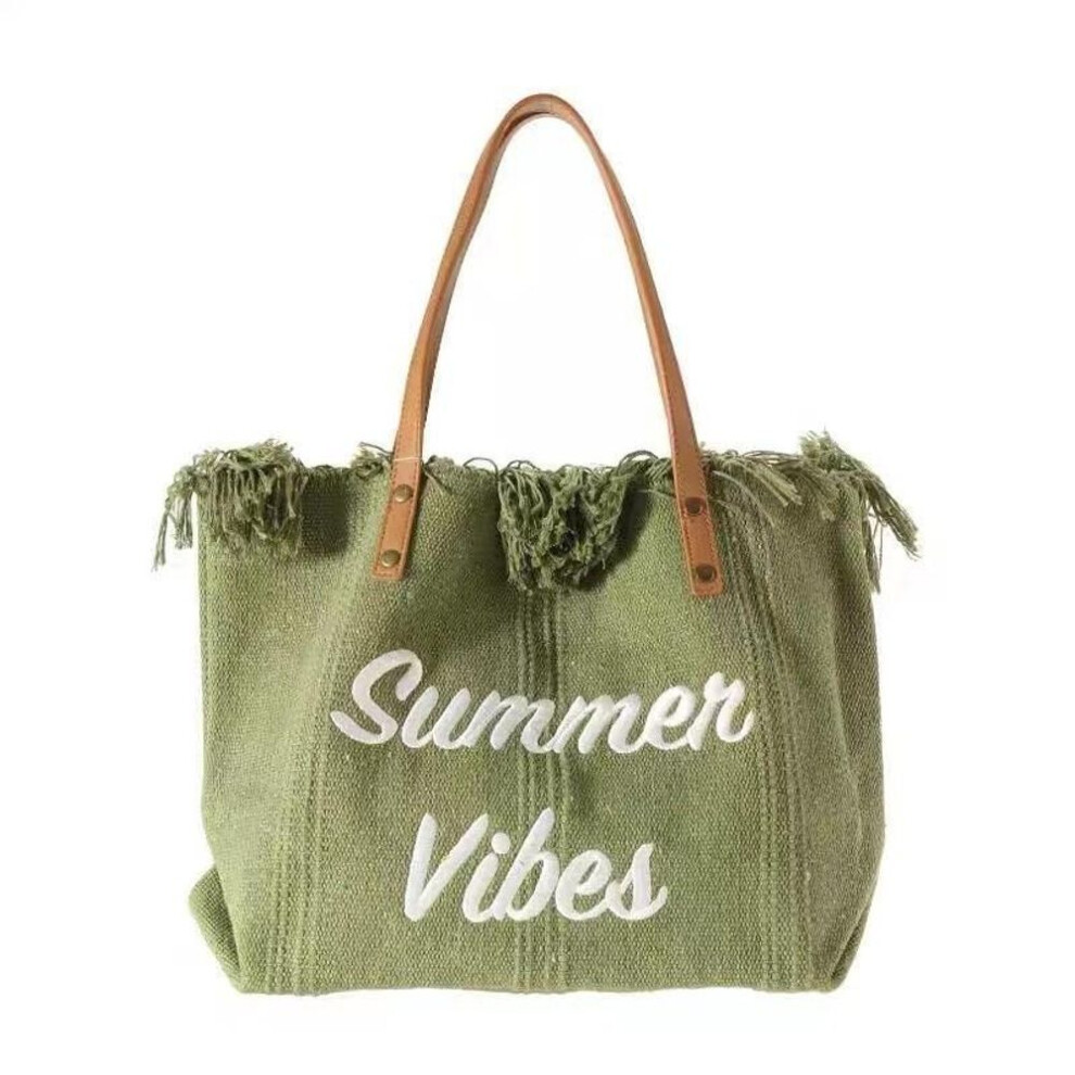 (green, 50*14*36cm) Handbag simple beach bag travel bag Tassel Tote bag large capacity one shoulder bag tide