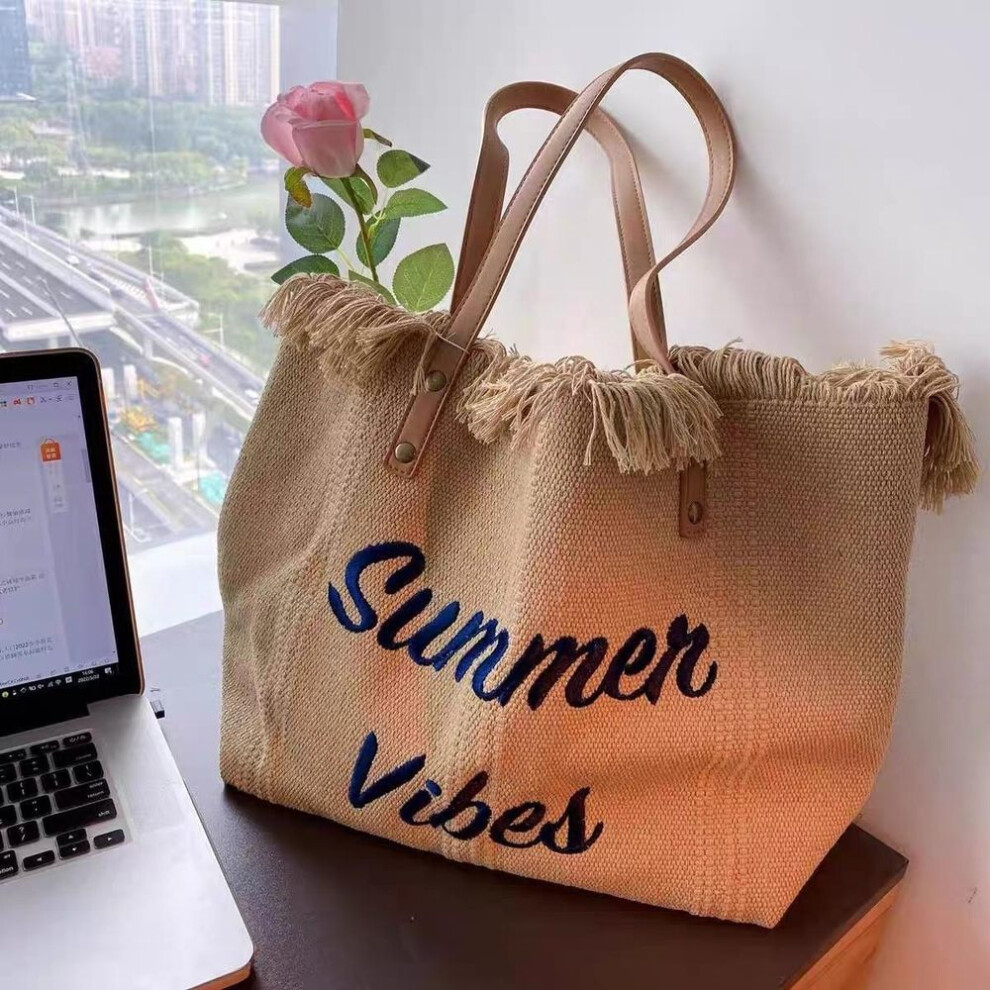 (khaki, 50*14*36cm) Handbag simple beach bag travel bag Tassel Tote bag large capacity one shoulder bag tide