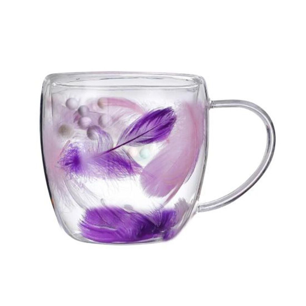 (250ml) Double Wall Glass Coffee Mug 250/350ml Feather Design Cup With Handle Insulated Anti-scalding Comfortable Grip