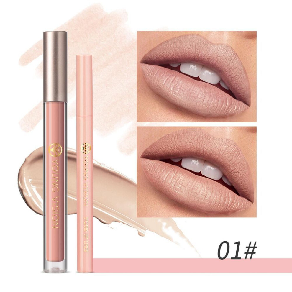(as the picture, 0.6ml+2ml) Young Vision Lip Glaze + Lip Liner 2 Sets Of Lip Liner Are Not Easy To Stick Cup Lip Glaze