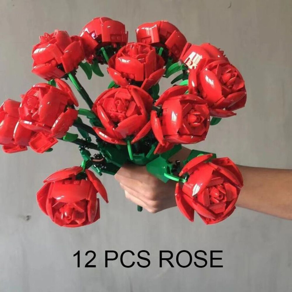 (as the picture, 12 Pcs Rose) Romantic Valentine Gift For My Boyfriend Rose Flowers Bouquet Creative Building Blocks Gift For Girls Holiday Gift