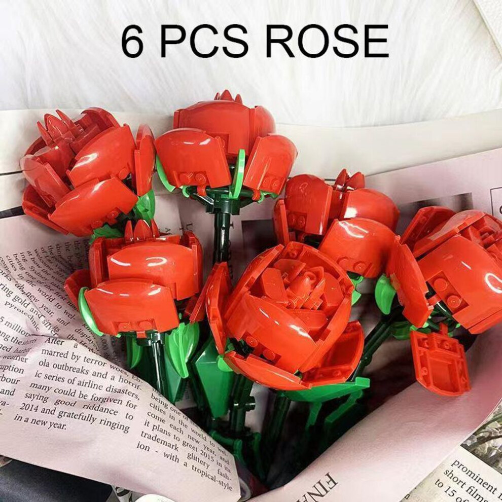 (as the picture, 6 Pcs Rose) Romantic Valentine Gift For My Boyfriend Rose Flowers Bouquet Creative Building Blocks Gift For Girls Holiday Gift